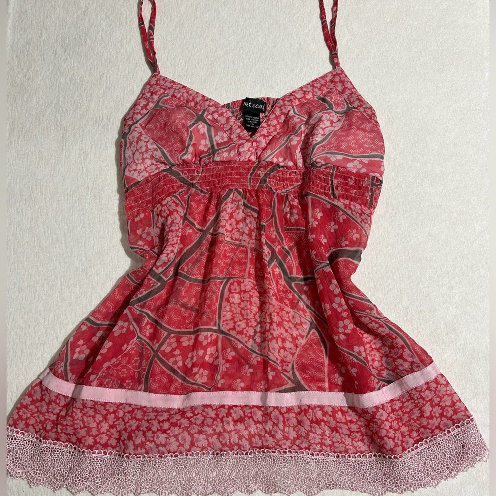 Wetseal floral vintage y2k babydoll mesh top with lace trim